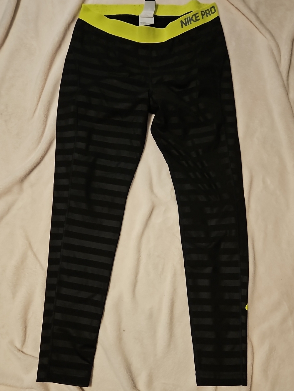 Nike Black Striped Compression Leggings with Neon Volt Waistband
